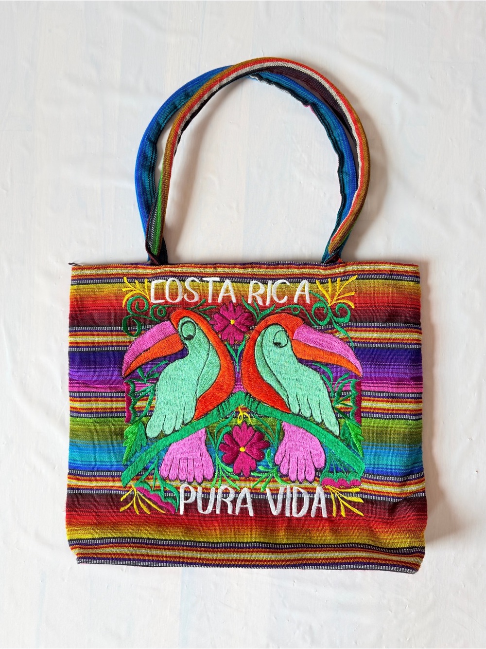 Costa Rica Pura Vida Toucan Woven Tote Bag Rainbow Stripe Embroidered Bag large